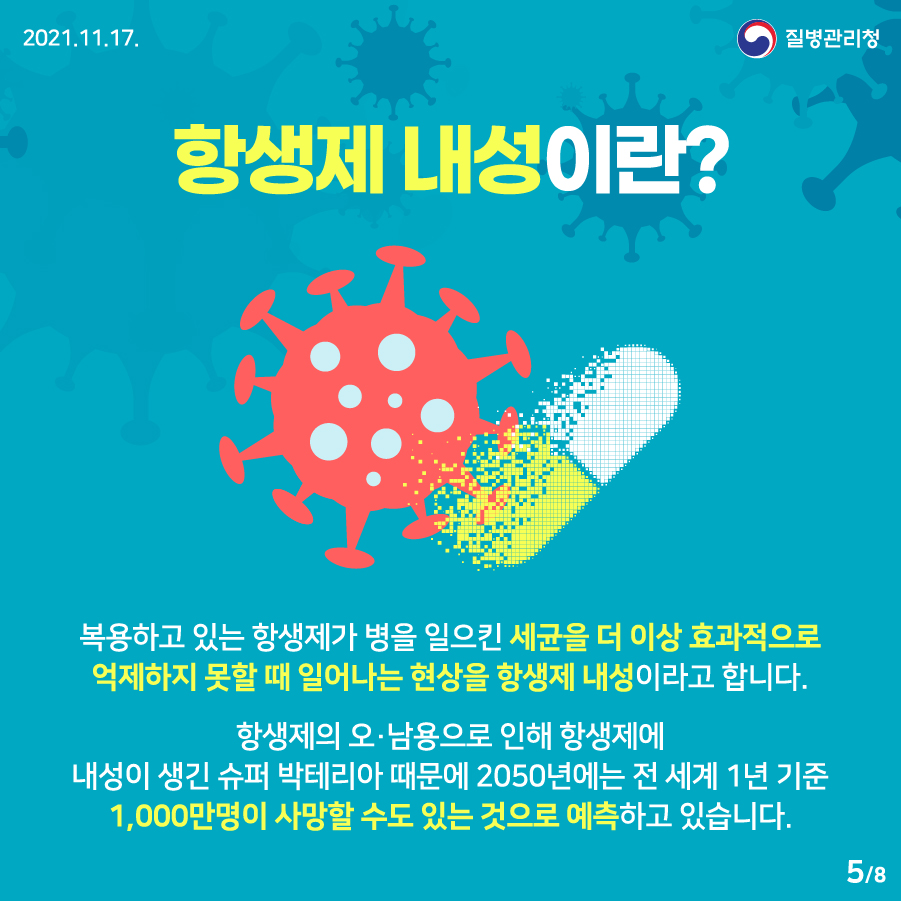 [2021년 11월 17일 질병관리청] 항생제 내성이란? 복용하고 있는 항생제가 병을 일으킨 세균을 더 이상 효과적으로 억제하지 못할 때 일어나는 현상을 항생제 내성이라고 합니다. 항생제의 오·남용으로 인해 항생제에 내성이 생긴 슈퍼 박테리아 때문에 2050년에는 전 세계 1년 기준 1,000만명이 사망할 수도 있는 것으로 예측하고 있습니다. 8페이지 중 5페이지